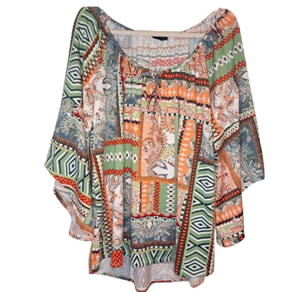 Tacera BoHo Multicolored Patterned Bell Sleeve Blouse Size 2XL